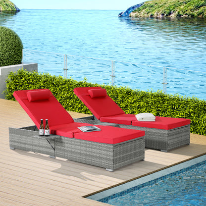 Outdoor Chaise Lounge Chair Set of 2 with Patio Pool Chairs Tanning Lounges for Outside,Beach Rattan Recliners with Adjustable Backrest, Table, Cushion for Poolside Backyard Garden
