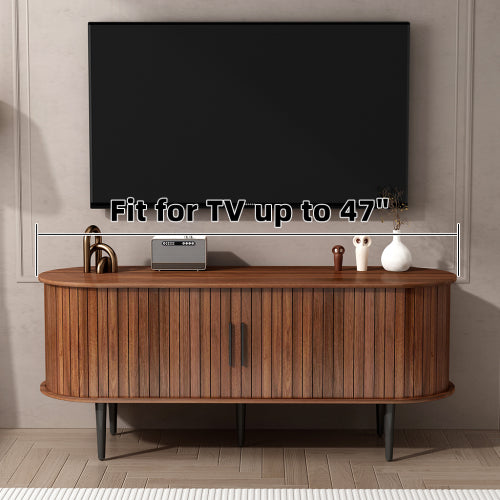 Walnut Modern Sliding Door TV Stand 47 Inch Living Room Entertainment Console Table