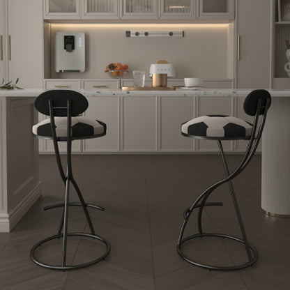 Upholstered S-shaped Barstools Set of 2 Velvet Counter Bar Stools Football Print Round Dining Stool for Kitchen & Living Room (Black Frame & Black Back)