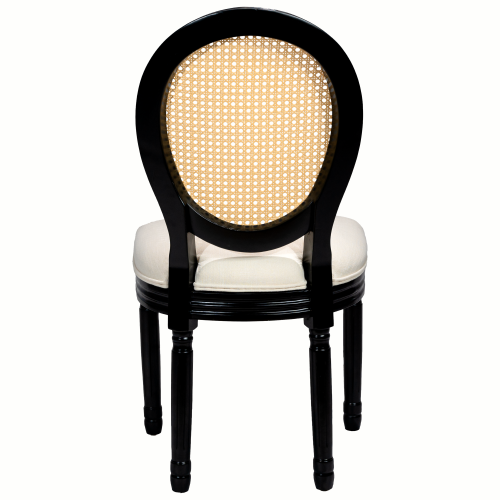 Set of 2 Beige Fabric French Country Rattan Round Back Dining Chairs, Black Solid Wood Frame Disassemblable Chairs