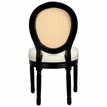 Set of 2 Beige Fabric French Country Rattan Round Back Dining Chairs, Black Solid Wood Frame Disassemblable Chairs