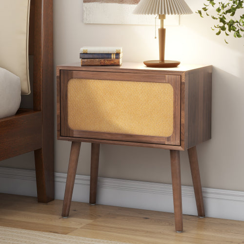 Rattan Nightstand with Hidden Storage Compartment, Mid Century Modern Bedside Table with Wood Legs, Walnut End Table
