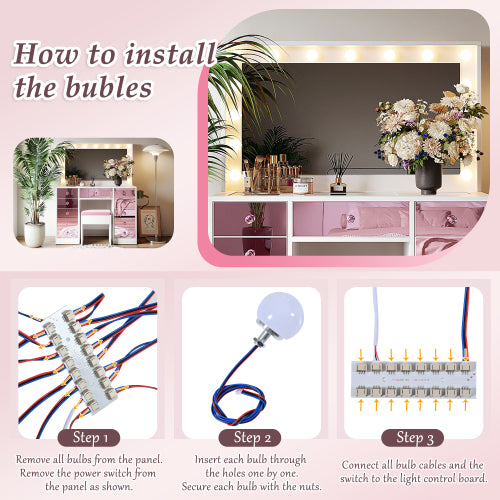 Vanity Desk with Glass Top and 11 Hollywood Bulbs, 3 Color Lighting Modes, Makeup Vanity with Pink Finish Drawers & Shelves, White Vanity Table with Stool for Bedroom