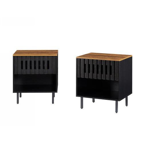 2 Pack Black Nightstands, Mid-Century Cabinet with Grille Striped Doors & Metal Legs