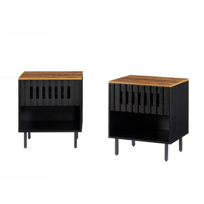 2 Pack Black Nightstands, Mid-Century Cabinet with Grille Striped Doors & Metal Legs