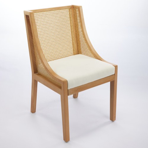 Single Beige Rattan Dining Chair, Solid Wood Frame with Decorative Armrest, Linen Upholstered Seat, Rustic Side Chair for Kitchen & Living Room