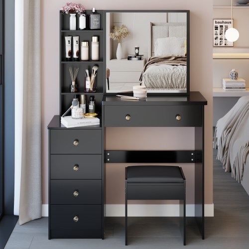37inch  Middle Size Left Bedside Cabinet Vanity Table + Cushioned Stool, Extra Large Right sliding mirror, Multi Layer High Capacity Storage, Practical Fashionable Dresser, Suitable For Middle Space