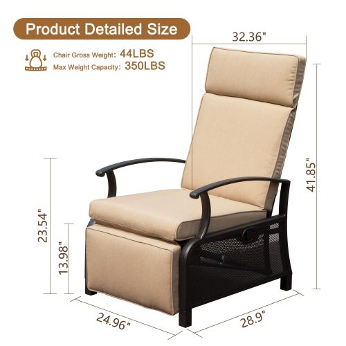 Adjustable Patio Recliner Chair Metal Outdoor Lounge Chair with Flip Table Push Back, Adjustable Angle, Removable Cushions, Support 350lbs, Beige