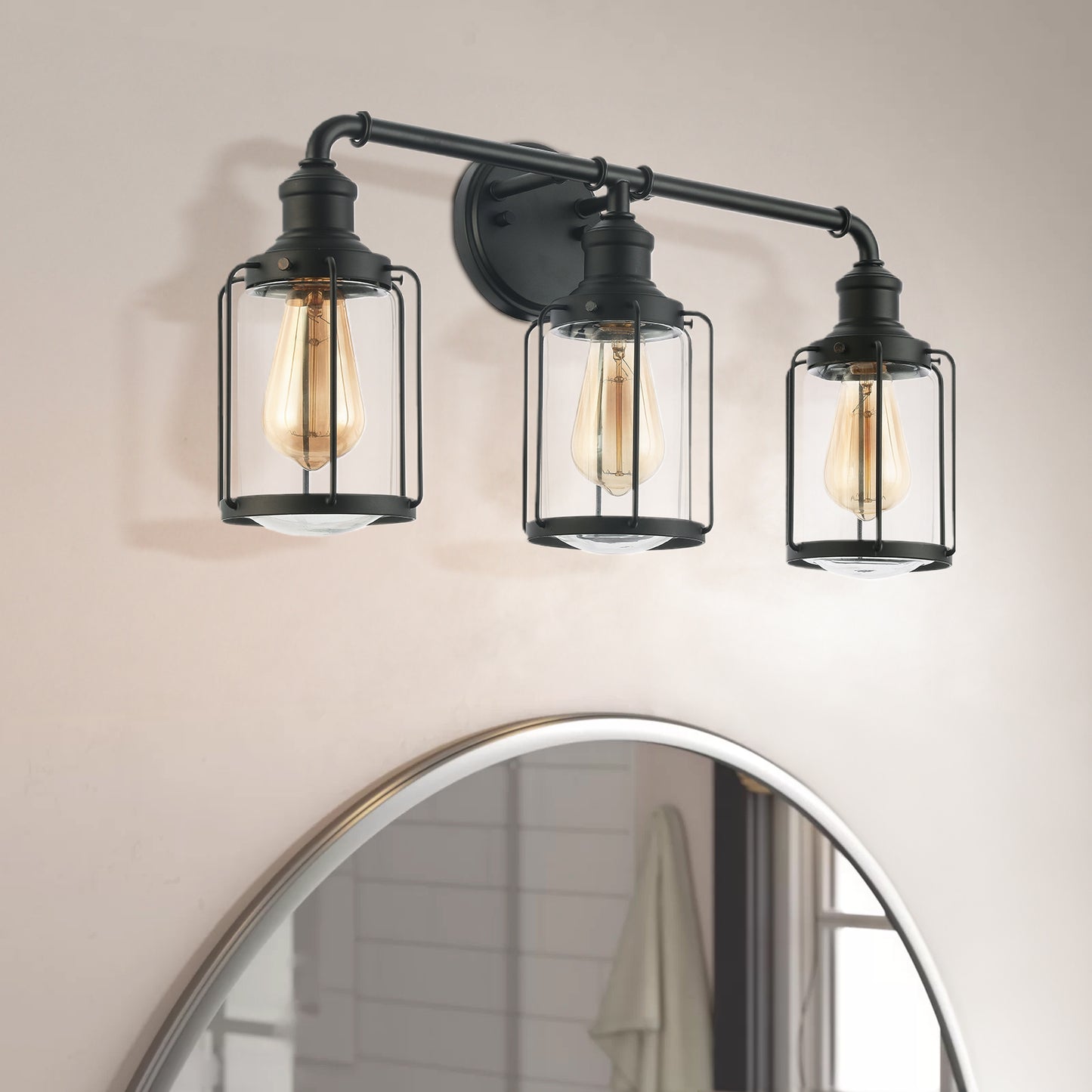 24 in. W 3-Light Matte Black Vanity Light with Clear Glass Shade