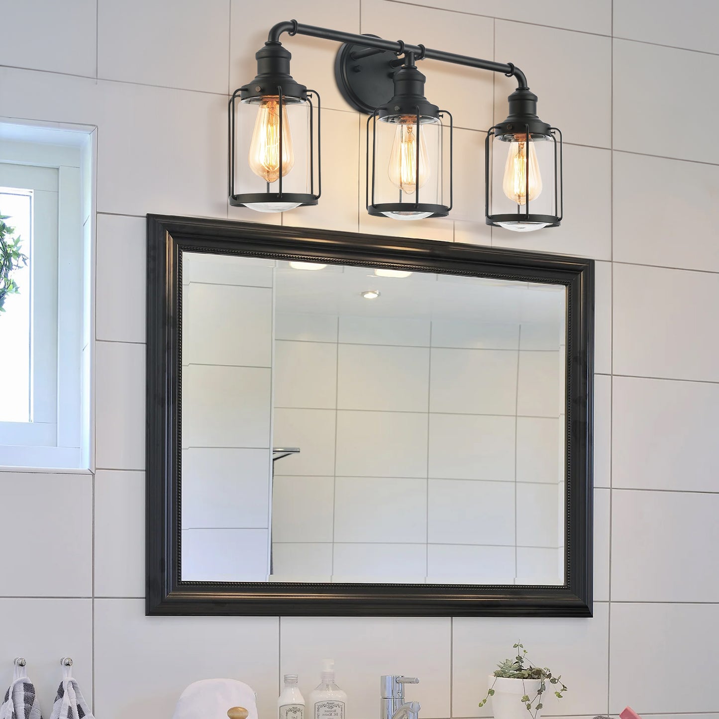 24 in. W 3-Light Matte Black Vanity Light with Clear Glass Shade