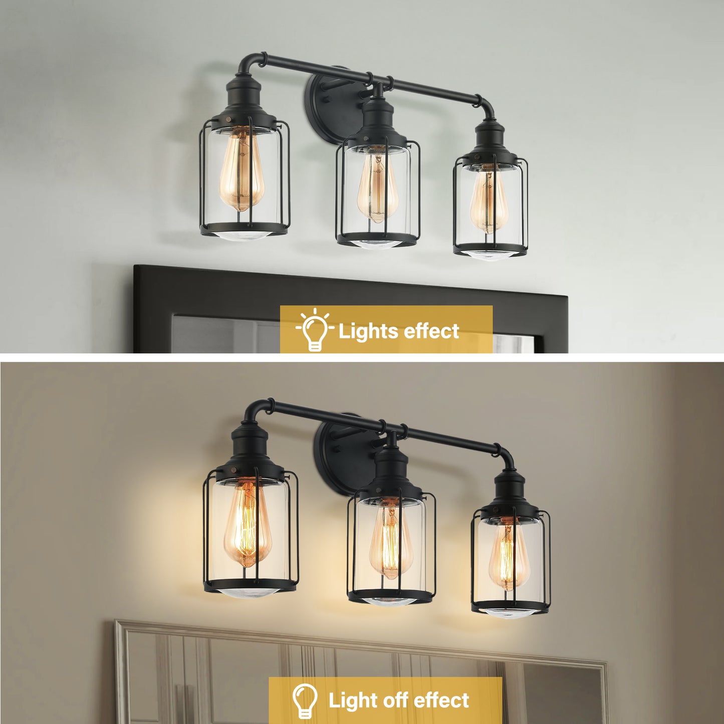 24 in. W 3-Light Matte Black Vanity Light with Clear Glass Shade
