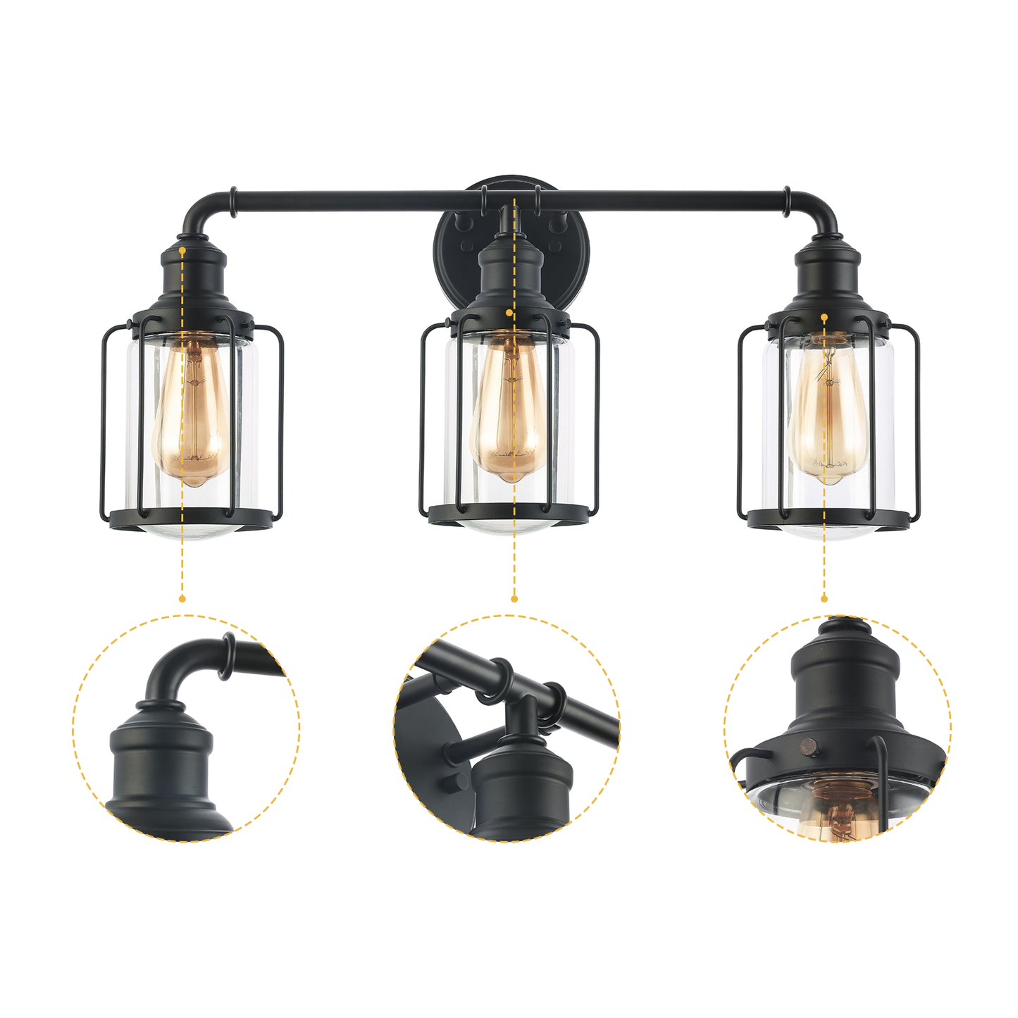 24 in. W 3-Light Matte Black Vanity Light with Clear Glass Shade