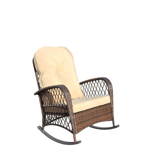 Outdoor Wicker Rocking Chair with Wide Seat, Thick, Soft Cushion, Rattan Rocker w/Steel Frame, High Weight Capacity for Patio, Garden, Backyard, Shallow brown Cushion