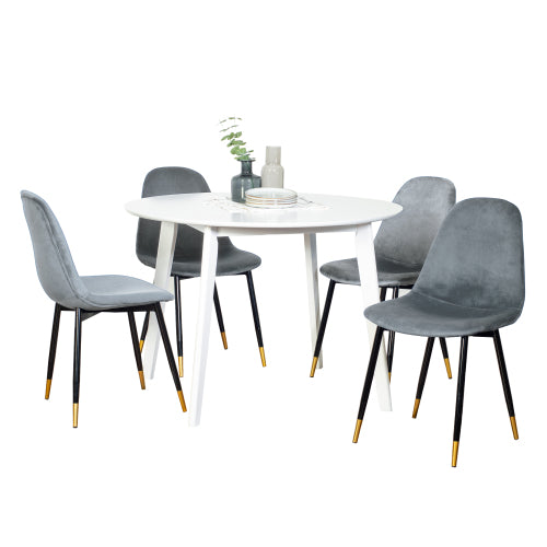 5-Piece Contemporary White Round Dining Set, MDF Table & 4 Velvet Chairs