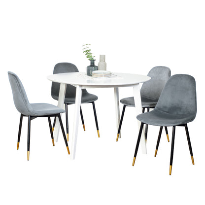 5-Piece Contemporary White Round Dining Set, MDF Table & 4 Velvet Chairs