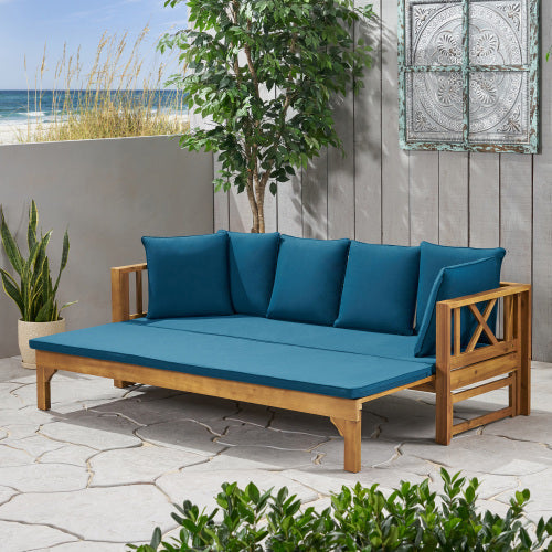 Outdoor Extendable Acacia Wood 3 Seater Sofa, Upholstered Cushion Couch, Daybed Sofa Chair, Spacious Seating Lounge Chair, Patio Daybed Sofa for Garden Yard