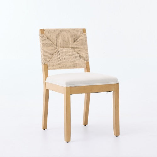 Cane Back Wood Dining Chairs with Linen Cushions, Set of 2, Beige