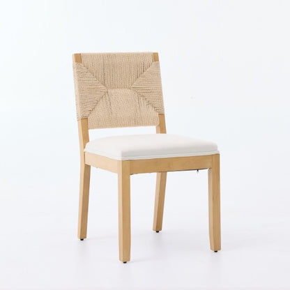 Cane Back Wood Dining Chairs with Linen Cushions, Set of 2, Beige