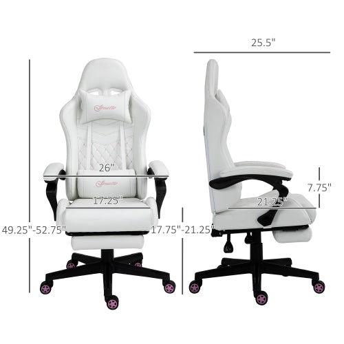 High Back PU Leather Gaming Chair, Racing Computer Chair with Swivel Wheels, Retractable Footrest, Headrest, Lumbar Support, and Armrest, White and Pink