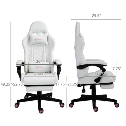 High Back PU Leather Gaming Chair, Racing Computer Chair with Swivel Wheels, Retractable Footrest, Headrest, Lumbar Support, and Armrest, White and Pink