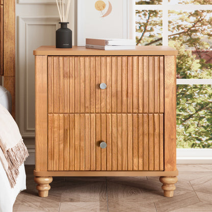 Fluted Nightstand with 3 Drawers, Mid Century Modern Wood Bedside Table
