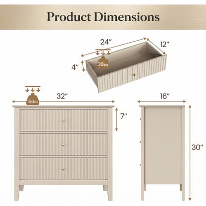 32inch Beige Fluted 3-Drawer Nightstand