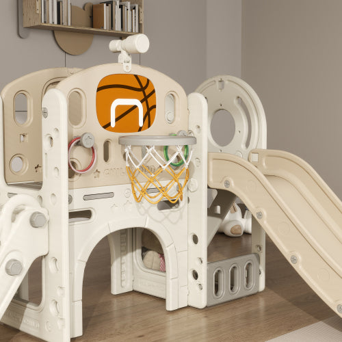 Qaba 7 in 1 Toddler Slide Playset Indoor Playground with Basketball Hoop Crawl Tunnel Cream White