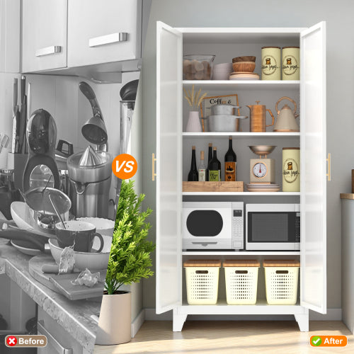 Tall Metal Storage Cabinet with Adjustable Shelves for Kitchen Bedroom Office White