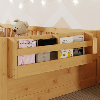Twin Montessori Floor Bed Frame with High Rails, Wood Kids Floor Beds with Light and Storage Shelf, Natural