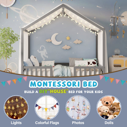 Montessori Floor Bed with Canopy, Full Bed Frame for Kids, House Shape Toddler Bed Frame with High Railings, Wood Kids Bed with Roof, Kid Full Bed, Grey