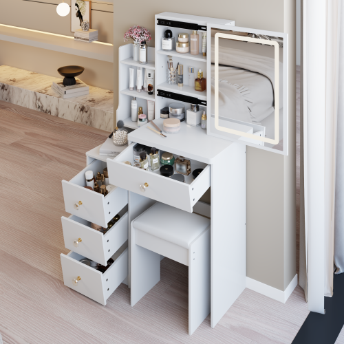 29.2inch  Small Size Left Bedside Cabinet LED Mirror Vanity Table + Cushioned Stool, Large Sliding, Touch Control, 3-color Switch, Brightness Adjust Mirror, High Capacity Storage, EPA, GCC, UL Certificate