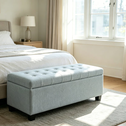 49.75 inch Baby Blue Polyester Tufted Storage Ottoman Bench, 300 LBS Wooden Leg Footrest with Safety Hinge