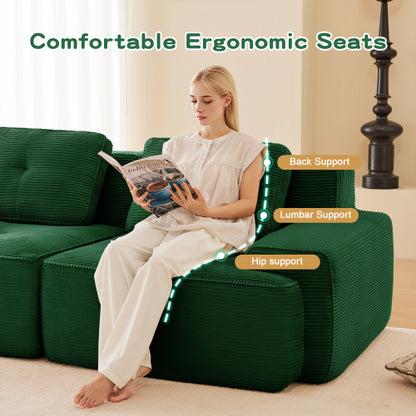 82 inch  Green L-Shaped Corduroy Modular Sofa, Movable Ottoman, No Assembly Required