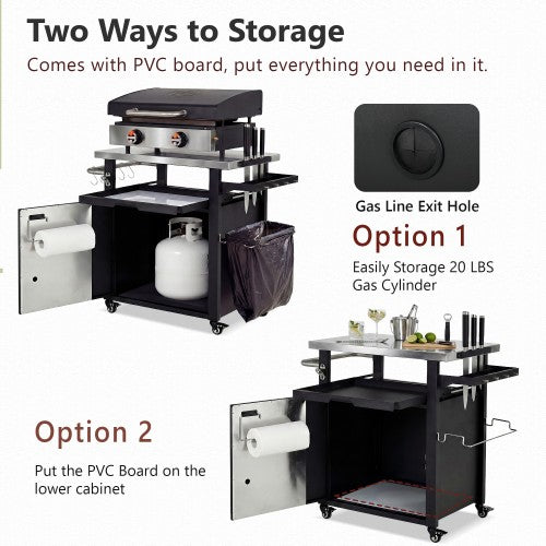 39.5 inch Outdoor Grill Cart with Storage Cabinet, Outdoor Bar Cart Pizza Oven Table with Wheels, Stainless Steel Top, Outdoor Kitchen Island with Spice & Paper Rack for BBQ, Waterproof Cover Included