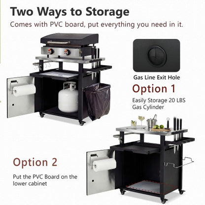 39.5 inch Outdoor Grill Cart with Storage Cabinet, Outdoor Bar Cart Pizza Oven Table with Wheels, Stainless Steel Top, Outdoor Kitchen Island with Spice & Paper Rack for BBQ, Waterproof Cover Included