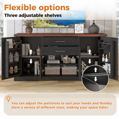 63 inch Farmhouse Barn Door Storage Cabinet with 2 Drawers & Door Rack, Large Buffet Table Coffee Bar Cabinets with Adjustable Shelves for Kitchen, Living Room, Entryway, Dining Room, Black