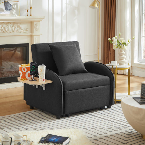 Black 3-in-1 Convertible Sleeper Chair,USB-C,Foldable Side Table