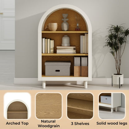 Arched Small Bookcase,Arched Storage Cabinet,Wooden Modern Arched Top Bookshelf with 3 Shelves,White with Woodgrain Shelves, 3-Tier Storage Shelf for Living Room, Bedroom, Entryway