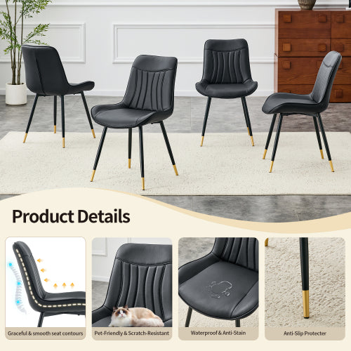 Dining Chairs Set of 4, Black Tech Fabric Upholstered Dining Chairs with Semi-Gloss Black Metal Legs, Gold-Trimmed Adjustable Non-Slip Feet, Vertical-Stitched High Back (Black, Set of 4)