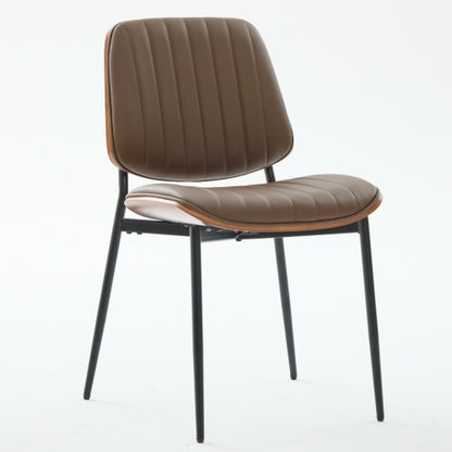 Set of 2 Mid Century Modern Faux Leather Dining Chairs with Walnut Bentwood Back and Metal Legs, Brown PU