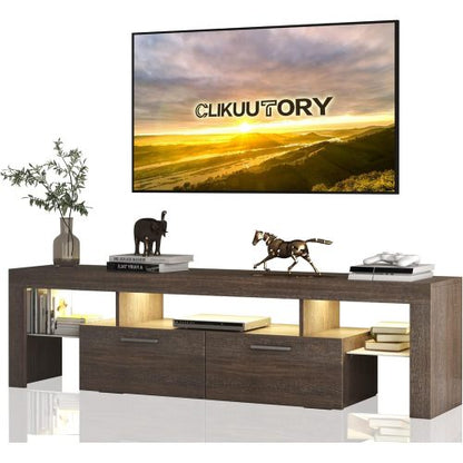 Farmhouse Brown LED TV Stand, Glossy Entertainment Center with Drawers for Up to 75 Inch TV