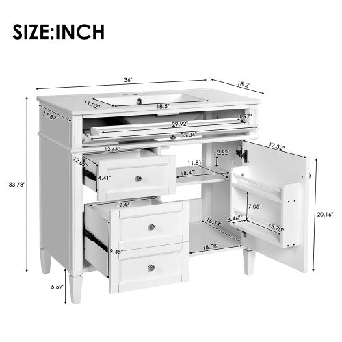 36'' Bathroom Vanity with Top Sink, Modern Bathroom Storage Cabinet with 2 Drawers and a Tip-out Drawer, Single Sink Bathroom Vanity