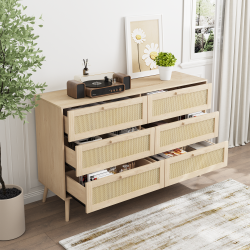 6 Drawers Chest of Dressers for Bedroom, Modern 6 Drawer Dresser, Wide Chest of Drawers with wood Handles, Rattan Dresser Storage Cabinet for Living Room, Bedroom, Hallway