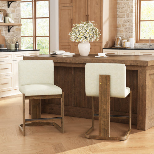 Modern Bar Stools Set of 2, 24inch Solid Wood Counter Height Barstools, Linen Upholstered Kitchen Island Chair With Walnut-Finished Wood Legs for Home Bar Coffee Shop,Beige