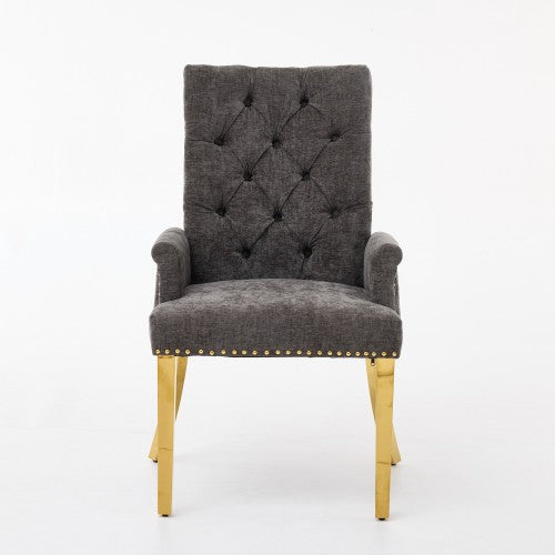 Tufted Chenille Dining Armchair with Nailhead Trim and Steel Legs, Gray