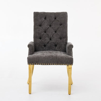 Tufted Chenille Dining Armchair with Nailhead Trim and Steel Legs, Gray