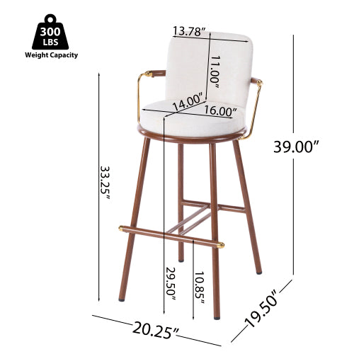 Indoor Upholstered Bar Stool with Metal Frame, Walnut Finished and Beige Upholstery, Set of 2