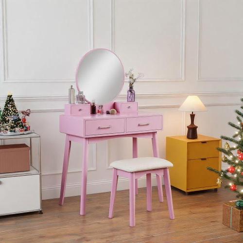 Contemporary Pink Wood Vanity and Stool Set, Round Mirror, Rubberwood Frame, 32.68 inch W