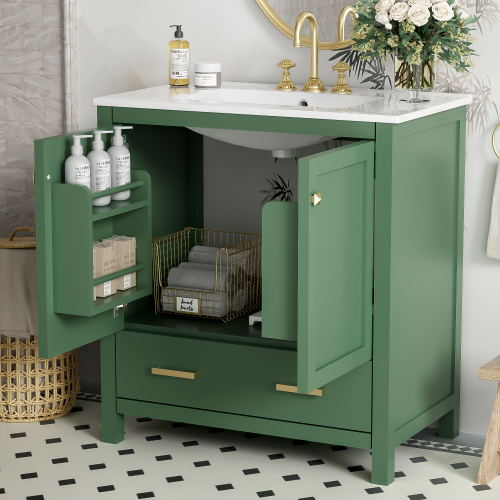 30 Inch Green Bathroom Vanity with Single Sink, Combination Under Counter Sink, Bathroom Storage Cabinet with 2 Doors and a Drawer, Soft Closure, Multifunctional Storage(WF324043)