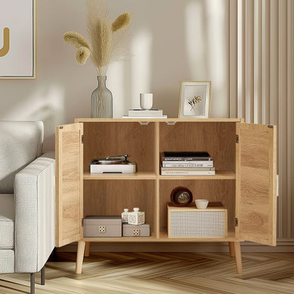 Farmhouse Buffet Cabinet with Rattan Doors Solid Wood Feet 4 Compartment Storage Cabinet